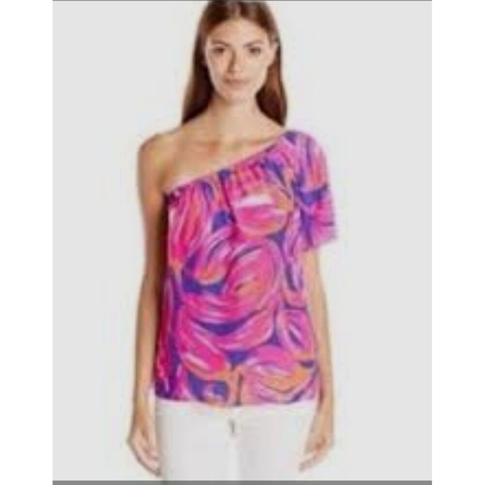 Lilly Pulitzer Pink Blue Plum Bloom Print One Shoulder Fifer 100% Silk Top XS